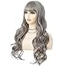 Salaibs Grey Long Curly Wavy Wigs for Women with Bangs Natural Wave Dark Gray Hair Wig Synthetic Heat Resistant Halloween Daily Wig