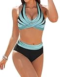 Ekouaer Bikini Damen Set Push Up Badeanzug Zweiteiliger Sexy Bauchweg High Waist Neckholder Bademode Strand Bikinis Swimsuit Blau M