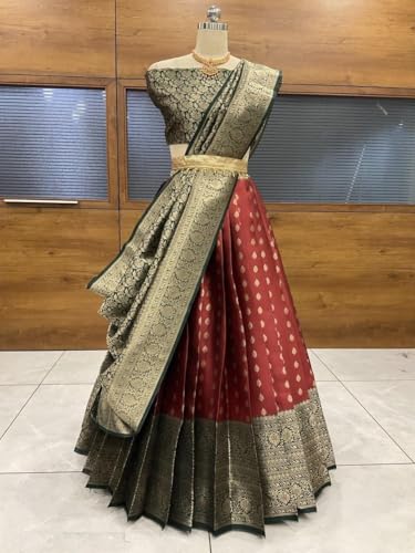 Image of ZITON Women's Indian Traditional Kanjivaram Silk Pure Weaving Lehenga Choli Along With Dupatta And Blouse Piece, Half Saree (Unstitched)