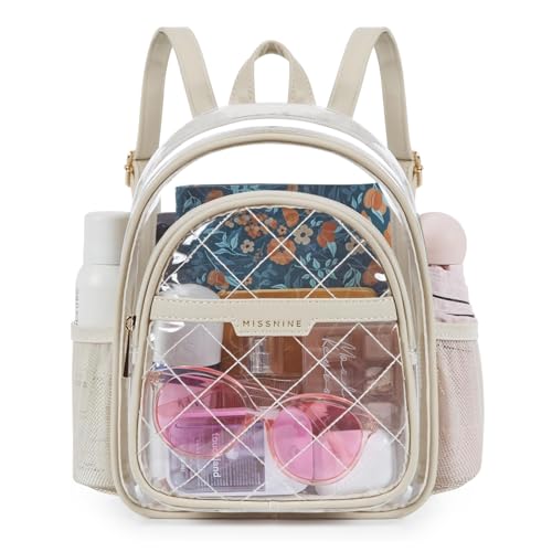 Missnine Clear Backpack for Stadium Approved, Quilted Clear Bag for Stadium Events with Leather Trim for Sports Event, Concert, Festival, Daily