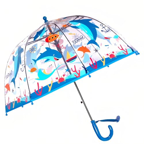 Chesoon Boys Umbrella for Ages 3-8 Automatic Open 8 Fiberglass Ribs Lightweight Rain Umbrella with Nameplate and Shark Patterns