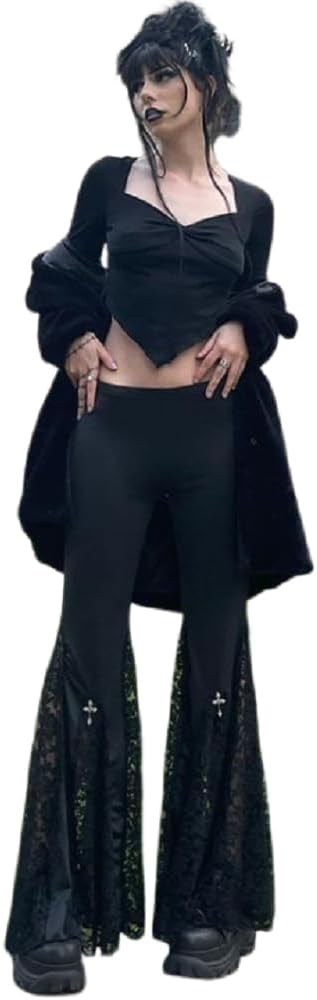 Women's Gothic Lace Flared Pants Wide Leg Palazzo Pants High Waist Mesh Bell Bottom Trousers for Party Festival Dance - Image 4
