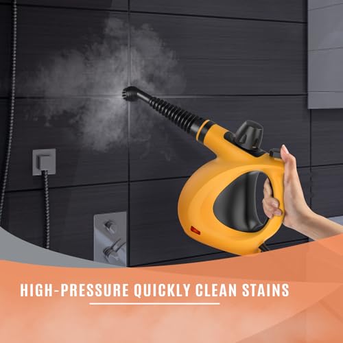 Image of Phueut Pressurized Handheld Multi-Surface Natural Steam Cleaner with 12 pcs Accessories, Multi-Purpose Steamer for Home Use, Steamer for Cleaning Floor, Upholstery, Grout and Car (Orange)