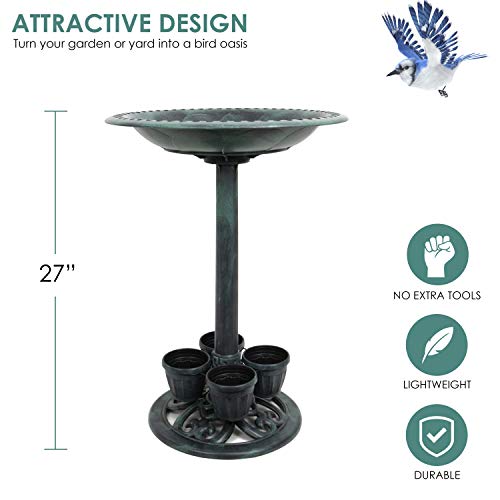 Pedestal Bird Bath Antique Fountain For Outdoor & Garden Decoration | 27 Inch Height | Green With Flower Pots #TOP1