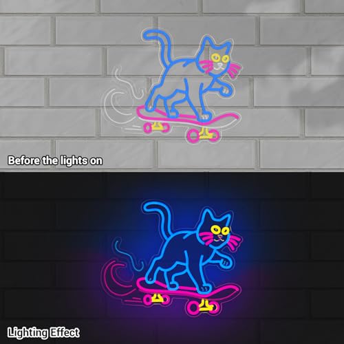 Image of Cute Cat Neon Sign, Skateboard Neon Signs for Wall Decor Dimmable USB Room Decor for Teen Girl, Party, Bedroom, Pub, Furniture, Gifts for Birthday, Christmas (Cool Cat-Blue)