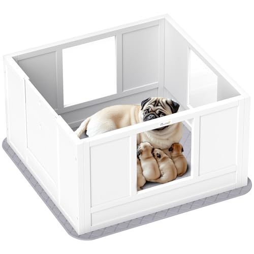 PawHut Whelping Box for Dogs with Waterproof Whelping Pad, Dog Whelping Pen with Clear Panels, Adjustable Entrance, Non-Slip Foot Pads, for Small Dogs, 33.1