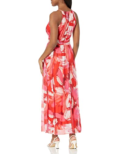 Image of London Times Women's London Times Mesh Halter Maxi Dress with Ruched Waistband Flowy Bohemian Beach Dresses