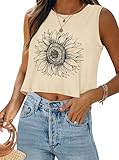 Crop Tops for Women Tank Summer Casual Sleeveless Loose Fit Basic Shirts, Khaki Sunflower, L
