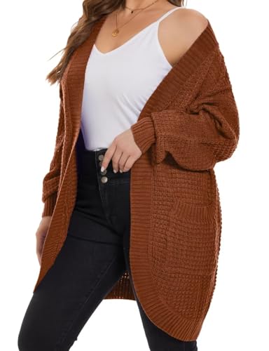 Image of MONNURO Womens Plus Size Open Front Cardigan Waffle Knit Long Sleeve Sweaters Tops Fall Coat Outerwear with Pockets