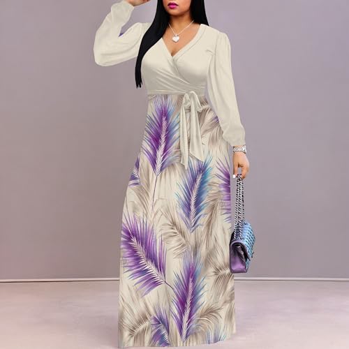 Image of PinkPatty Plus Size Dresses for Curvy Women V Neck Flowy Long Sleeves Wrap Maxi Dress Travel Vacation Outfits