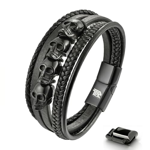Mens Leather Bracelet Skull | Magnetic Clasp Gothic Viking Style | Braided Band Mens Jewellery | Birthday Gift for Him Dad | Jewellery Box Included (Midnight Black 5-Skull - Multi Gothic Style M)