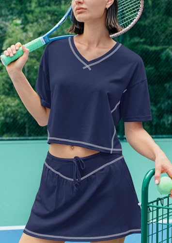 Nirovien Womens 2 Piece Workout Sets Summer Athletic Outfits Short Sleeve Crop Tops and Skirt with Shorts Set3