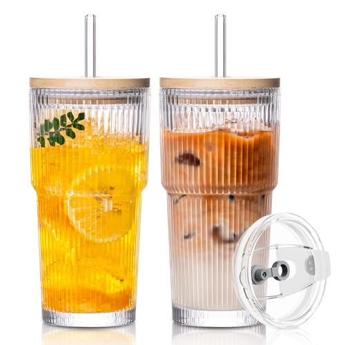 SoulTimes 20oz Glass Cups with Lids and Straws, Ribbed Glass Tumbler for Iced Coffee, Smoothie, Juice & Cold Drinks, Reusable Thick Glassware Set, Elegant Home & Travel Drinkware【2 Pack】