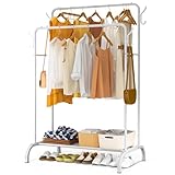 VOUNOT® Stand Appendiabiti Doppio in Metallo con Ripiano per Scarpe e 4 Ganci Laterali, Appendiabiti da Terra Robusto Salvaspazio per Camera, Ingresso e Guardaroba, 110x58x150cm, Bianco