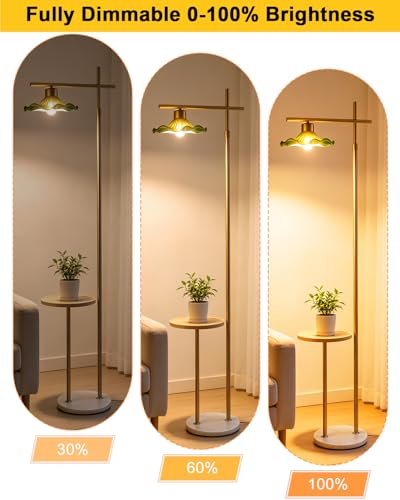 Image of Lightdot Modern Glass Floor Lamp with Table, Gold Standing Lamp with Green Lotus Leaf Glass Shade, Dimmable LED Floor Lamp with Marble Base for Living Room Bedroom Home Decor, Bulb Included