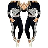 SumLeiter Jogginganzug Damen Set Sportanzug Sexy schulterfrei Rundhals Langarm Anzug 2 Teiliges Freizeitanzug Frauen Mode Slim fit Jogging Anzug Hosenanzug Sweatshirt + Lange Hose, Schwarz2, S