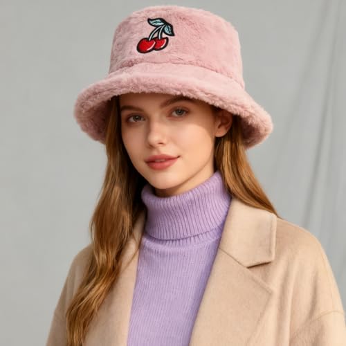 Image of Bucket Hat Women Furry Fuzzy Bucket Hats for Ladies, Winter Warm Fluffy Plush Faux Fur Hat for Women