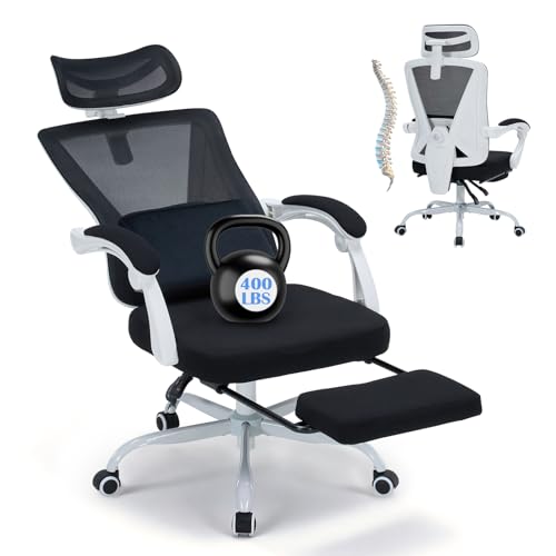 Image of Ergonomic Home Office Chair - Adjustable Lumbar Support & Height | Adjustable Lumbar Support & 3D Headrest,Rolling Work Swivel Computer Chair-400lbs Capacity