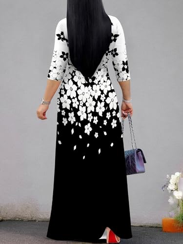 Image of Plus Size Dresses for Women Floral Print Maxi Dress Flowy 3 /4 Sleeve with Belt