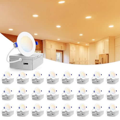 Image of VOLISUN 24 Pack 3 inch Recessed Lighting, 5CCT, 2700K-5000K Selectable | LED Recessed Light with Junction Box, Dimmable Canless Wafer Downlight, LED Ceiling Light ETL Certificated
