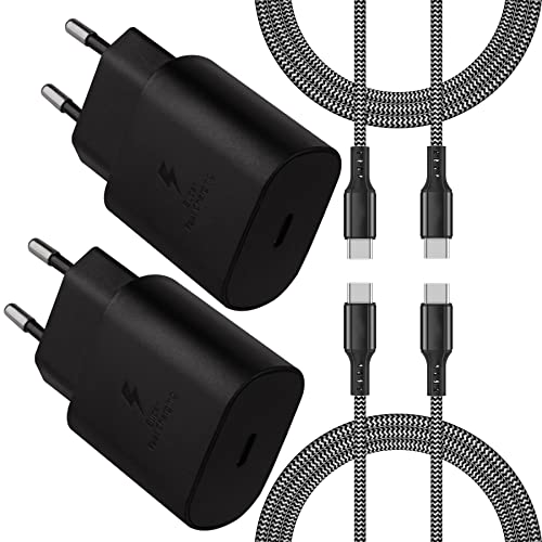 KAIMENGLONG 2 Unidades de 25 W USB C Cargador Rápido USB C Cargador con Cable USB C de Nailon de 2 m compatible con Samsung Galaxy S22, S21, S21Ultra, S20, S10, S10e, S9, Note 20, 10, 9, A53, A72, A71 Cover