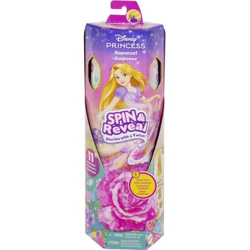 Mattel Princesses Disney Spin & Reveal Coffret avec poupée Raiponce et 11 surprises, dont 5 accessoires, 5 autocollants et une scène de jeu, jouet inspiré du film, HTV86