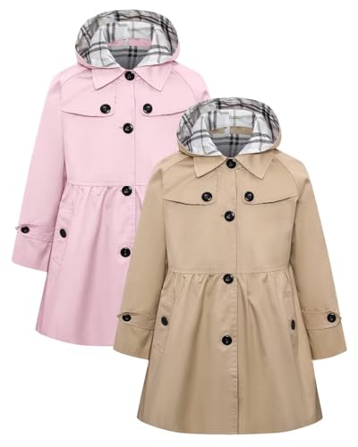 Image of Betusline Girls 2 Packs Trench Coat Hooded Lightweight Single Breasted Dress Outerwear Jacket,2-14 Years
