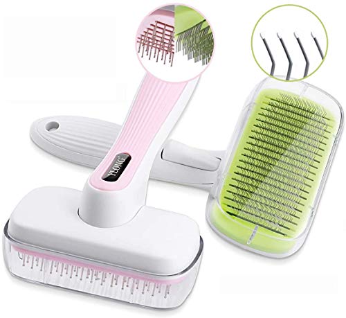 YLONG Pet Grooming Brushes 2Packs Self-Cleaning Slicker Brush and Massage Brush for Dogs and Cats Easy to Clean Pet Deshedding Grooming Tools for Long haired to short haired(Pink and Green)