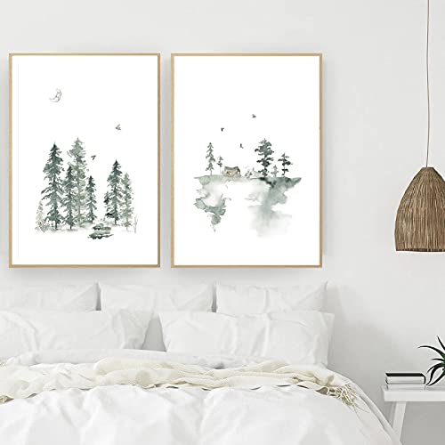 Affiche forêt brumeuse et cabane de montagne 50x70cm, lot de 2 toiles rustiques scandinaves