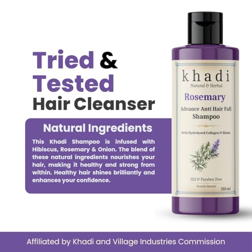 Image of Khadi Advance Anti Hair Fall Shampoo with Rosemary, Hydrolysed Collagen & Biotin | Khadi Natural Shampoo for Women & Men | Sulfate, SLS & Paraben Free 210 ml