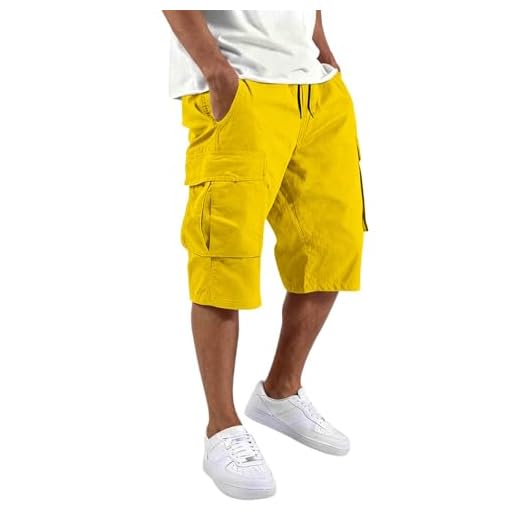 ASFGIMUJ Twill Cargo Shorts for Men with Pockets Summer Athletic Workout Hiking Shorts Casual Loose Knee Length Bermuda Short Yellow X-Large
