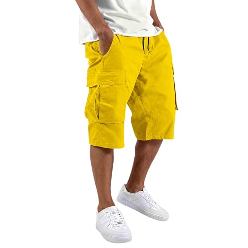 ASFGIMUJ Twill Cargo Shorts for Men with Pockets Summer Athletic Workout Hiking Shorts Casual Loose Knee Length Bermuda Short Yellow X-Large
