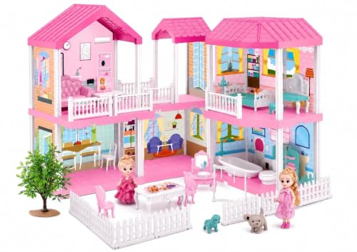 Image of 132+ Pcs Large Doll House for Girls & Boys 3+ Years, 2 Storey Pretend Play Villa with 7 Rooms, 2 Dolls, Furniture, Pets, Kitchen, Bedroom & Accessories