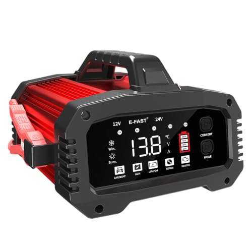 E-FAST 25A Smart Car Battery Charger 12V/24V Automatic Automotive Battery Maintainer & Desulfator with 200s Booster Mode - Adjustable Amp Trickle Charger for Lead-Acid AGM Gel LiFePO4