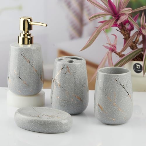 Image of Kookee Ceramic Bathroom Accessories Set 4 Piece - Soap Dispenser, Toothbrush Holder, Tumbler & Soap Dish | Modern Designer Decor for Home & Guest Bathroom, Dark Grey (10430)