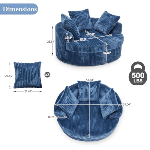 Image of 59 Inch Oversized Chaise Lounge Chair Indoor, Round Corduroy Chaise Lounge Sofa Bed with Throw Pillows and Backrest, Plush Sleeper Chair Bed for Living Room Bedroom,No Assembly Required