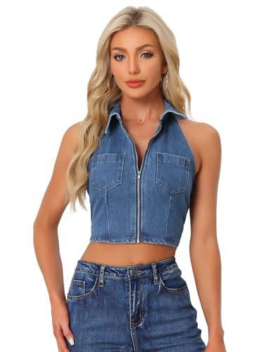 Allegra K Denim Halter Top for Women's Zipper Up Collared Sleeveless Jean Corset Crop Tank Tops