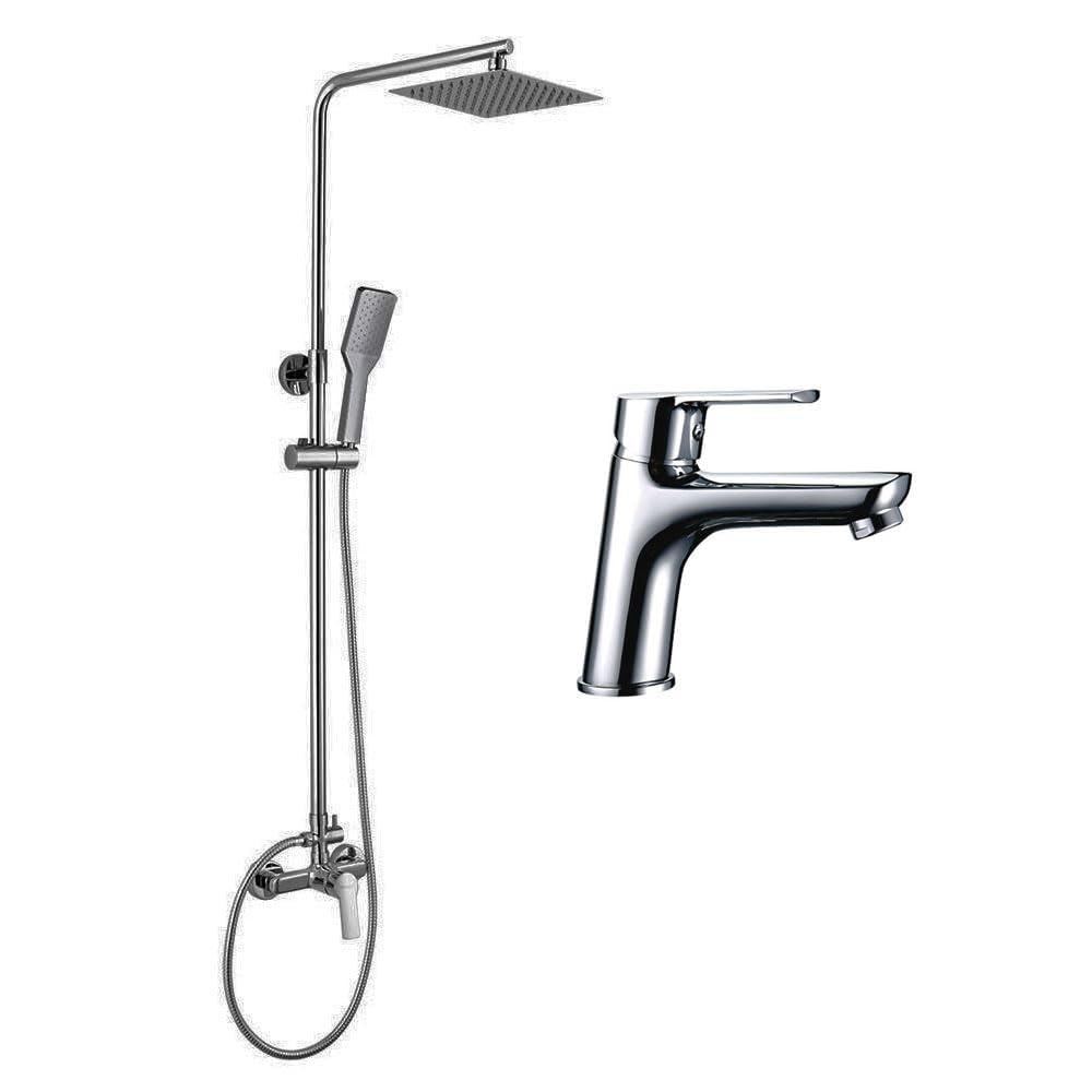 Kibath Conjunto Columna de ducha monomando SIO más Grifo de lavabo SIO, Tubo Extensible regulable en Altura de 80 a 120 cm, Cromo Brillo