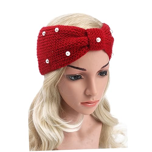 AOKWAWALIY Knitted Woolen Headband Pearl Decor Bowknot Headwraps Warm Headband for Women Maroon