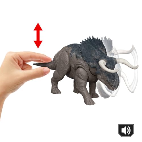 Image of Mattel Jurassic World Rebirth Wild Roar Nasutoceratops Dinosaur Toy with Tail-Controlled Chomp Multi-Direction Attack & Sound, Posable & Digital Play
