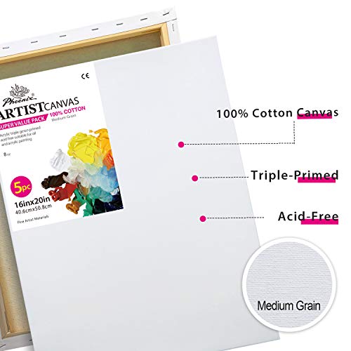Phoenix Stretched Canvas For Painting 16X20 Inch/5 Value Pack, 8 Oz Triple Primed 5/8 Inch Profile 100% Cotton White Blank Canvas, Large Framed Canvas For Oil Acrylic & Pouring Art #TOP2