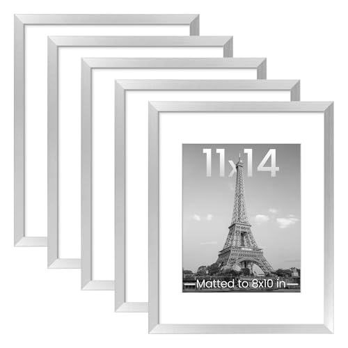 Image of upsimples 11x14 Picture Frame Set of 5, Display Pictures 8x10 with Mat or 11x14 Without Mat, Wall Gallery Photo Frames, Silver