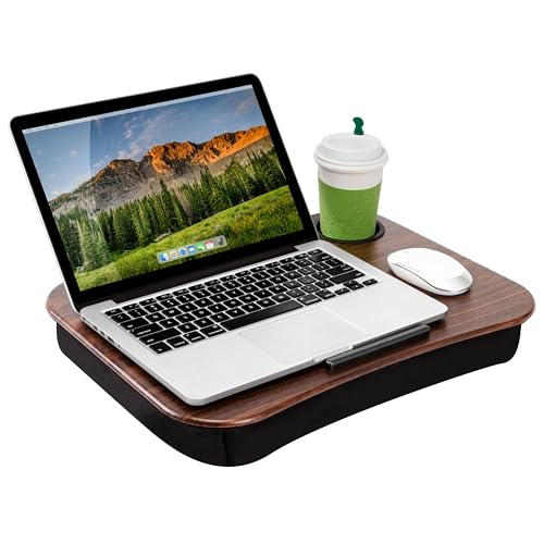 LAPGEAR Cup Holder Lap Desk with Device Ledge - Espresso Woodgrain - Fits up to 14 Inch Laptops - Style No. 46324