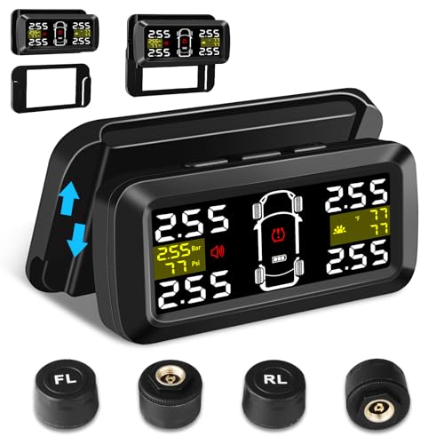 Vtopek Tyre Pressure Monitoring System with Detached Bracket Wireless Solar TPMS Tyre Pressure Monitor Installed on Windowshield with 4 External TPMS Sensors Real-Time Display for Car RV SUV MPV