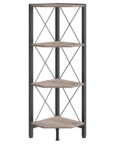 CHOEZON 4-Tier Corner Shelf, Corner Bookcase, 43.3" Tall Vertical Display Rack, Plant Stand, Open Storage Shelf, for Living Room, Bedroom, Study, Kitchen, Greige and Black TCJ14BG