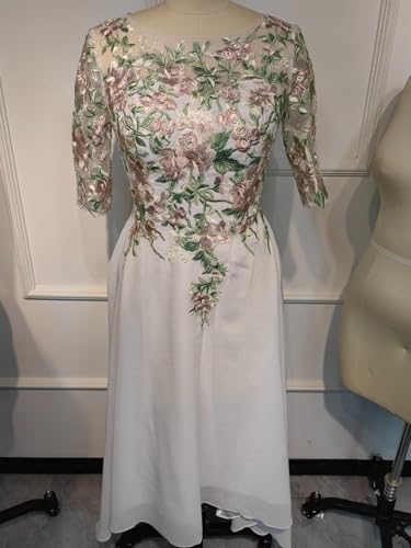 Tea Length Mother of The Bride Dresses Embroidery Chiffon Appliques Half Sleeves Formal Evening Dress A Line2