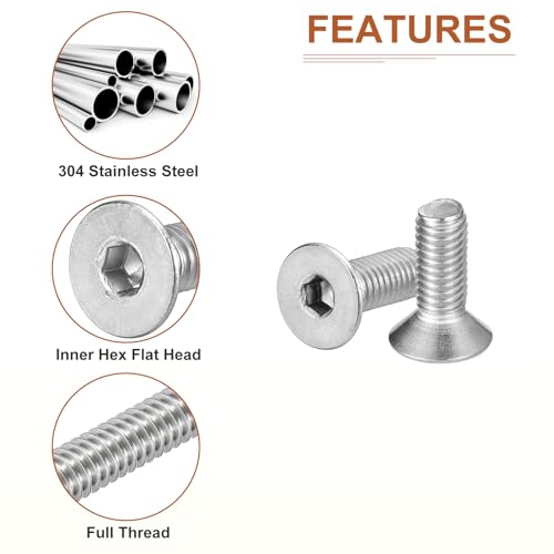Image of DTGN M5-0.8 x 14mm Flat Head Socket Cap Screws, 100 Pack 304 Stainless Steel Hex Socket Flat Head Screws, Full Thread, Countersunk Bolts