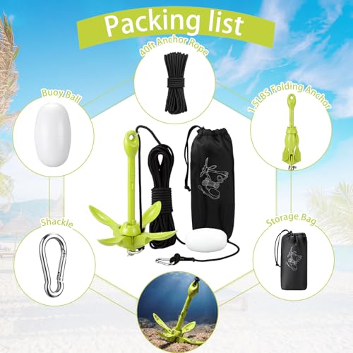 Image of MorningRo 1 Pack 1.5 /3.5 lb Marine Kayak Anchor Kit with 40ft Rope and Buoy Folding Grapnel Boat Anchor Kit Kayak Fishing Accessories for Small Boats, Canoe, SUP Paddle Boards