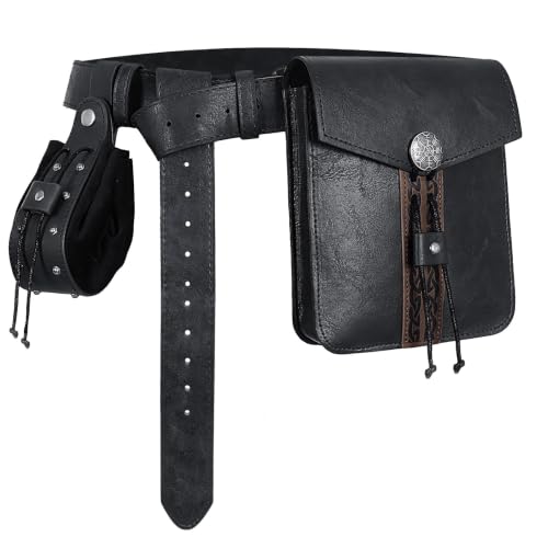 Image of Black Renaissance Pirate Belt with Pouch & Coin Purse Set | Medieval Viking Pirate Belt Pouch for Halloween Cosplay Ren Faire Accessories,Black.