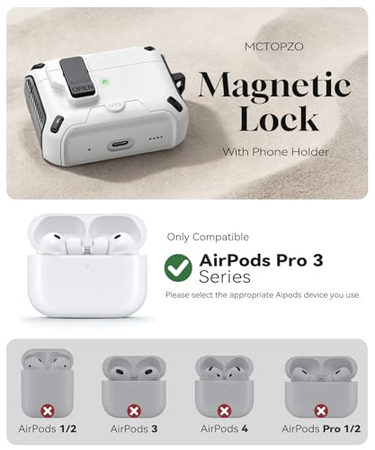 Image of for AirPods Pro 3 Case with Lock (White) | Compatible with MagSafe,with Phone Stand,with Automatic Snap Switch Carbon Fiber Design Protection Cover with Cleaning Pen